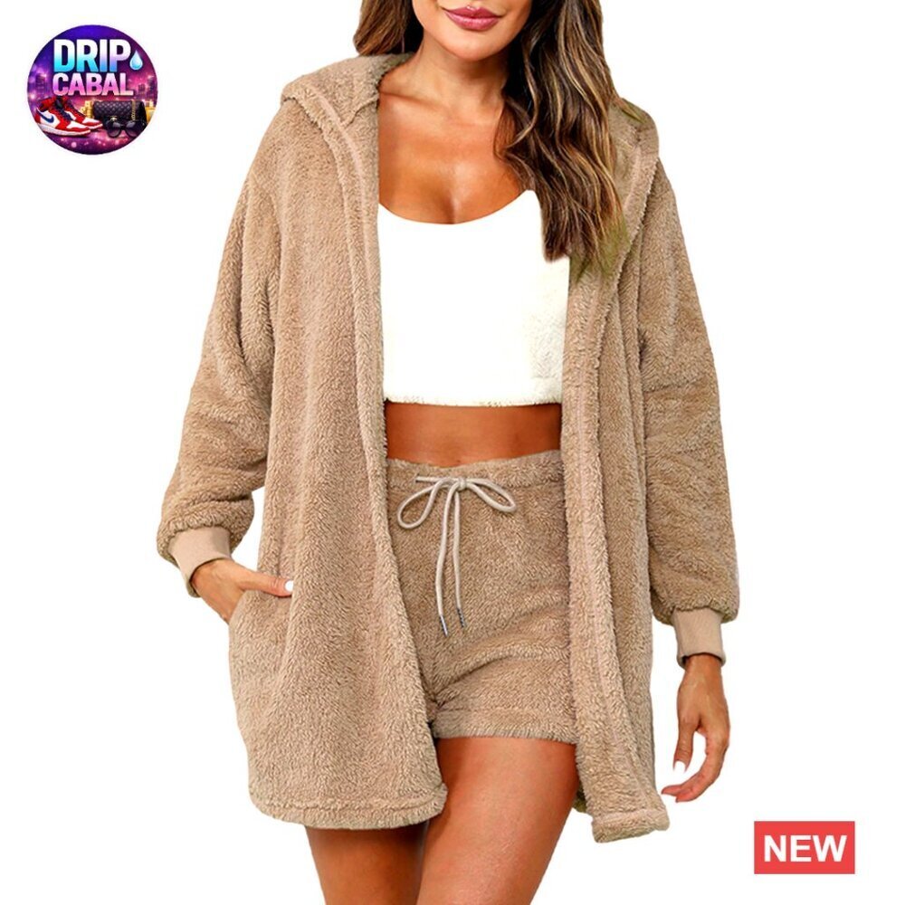 Fuzzy Fleece Pajama Set Cozy Lounge Wear Three Piece Cardigan Crop Top Shorts